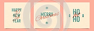 Merry Christmas and Happy New year colorful cards set with retro riso, risograph print effect. Layered geometric letters