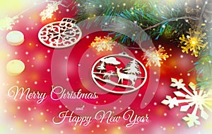 Merry Christmas and happy New year. composition on a red background of Christmas tree branches, lights, cones,toys,candy,