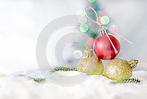 Merry Christmas and happy new year concept, Closeup Christmasball with bokeh, Xmas holiday background.