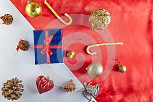 Merry christmas and happy new year concept. Flat lay of christmas accessories. Xmas Tree decorations and copy space for