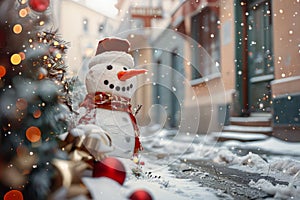 Merry Christmas and Happy New Year concept with Snowman standing on the street of winter town