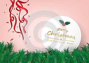 Merry Christmas and happy new year, confetti with pine tree decoration, greeting card background seasonal holiday vector