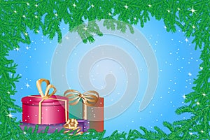 Merry Christmas and Happy New Year congratulation on blue snowy background, Fir-tree branches, gift boxes and snow vector