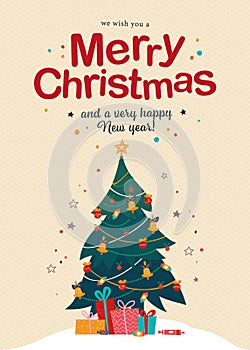 Merry Christmas and Happy New year congratulation card with text congratulation and pile of gifts and candy at decorated fir tree.