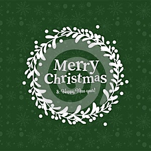 Merry Christmas and Happy New year congratulation inside white mistletoe wreath design on snowy background pattern.