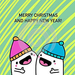 Merry christmas happy new year couple together hand drawn vector illustration in cartoon doodle style