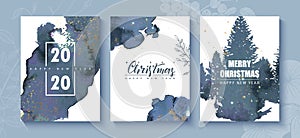 Merry Christmas and Happy New Year creative cards collection with watercolor texture and golden sparkles.Vector trendy