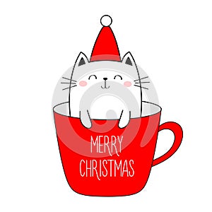 Merry Christmas Happy New Year. Cute cat in cup of coffee tea. Red Santa hat. Funny kawaii doodle animal. Line kitten kitty.
