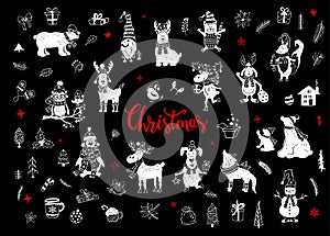 Merry christmas and happy new year cute funny hand drawn doodles animals silhouettes collection