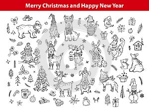 Merry christmas and happy new year cute funny hand drawn outlined doodles animals