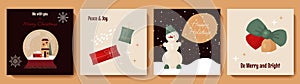Merry Christmas Happy New Year cute greeting cards set with holidays elements in cartoon style