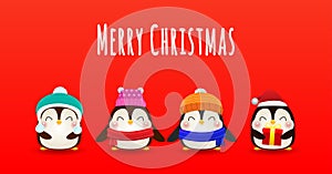 Merry Christmas, Happy new year, Cute Little group of Penguin with Santa Cap in Christmas snow scene winter banner, Xmas holiday