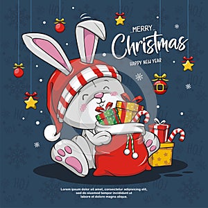Merry Christmas And Happy New Year With Cute Little Rabbit Santa Claus Red Hat, Christmas Bag, Gift Box And Candy Cane. Season`s G