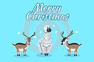 Merry christmas and happy new year with cute and llama in flat style