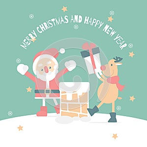Merry christmas and happy new year with cute santa claus, snowflake, star, reindeer and chimney in the winter season