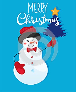 Merry Christmas and Happy New Year. Cute snowman with a Christmas tree on a blue background with text. Seasonal greetings. Flat