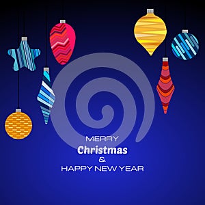 Merry Christmas and Happy New Year dark blue background with christmas balls.