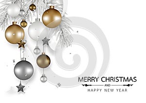 Merry Christmas and Happy new year decorated with Christmas balls , Gray pine branch, Star, Ribbon, hanging isolated on white.