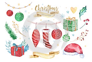 Merry Christmas and Happy New Year 2019 decoration winter set. Watercolor holiday background. Xmas element card