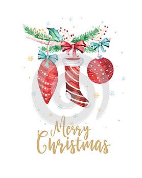 Merry Christmas and Happy New Year 2019 decoration winter set. Watercolor holiday background. Xmas element card