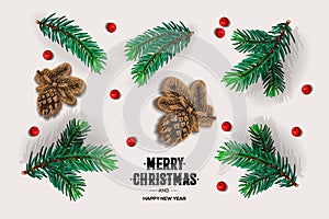 Merry Christmas and Happy New Year design with fir branches, pine cones, red berries, vector illustration.