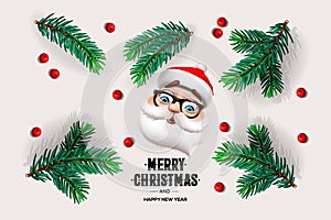 Merry Christmas and Happy New Year design with fir branches, Santa Claus, red berries, vector illustration