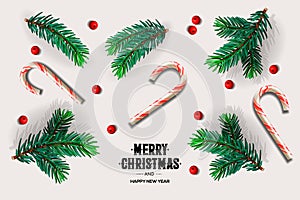Merry Christmas and Happy New Year design with fir branches, Xmas candy cane, red berries, vector illustration.