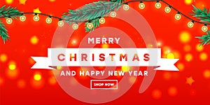 Merry Christmas and Happy New Year design template banner with branch fir tree, stars on a red background using for web banner,