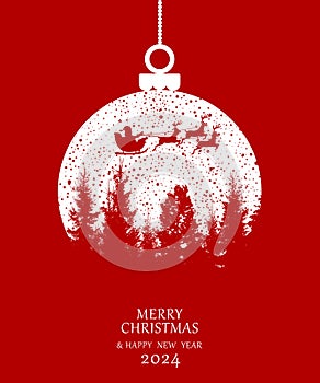 Merry Christmas and Happy New Year. Elegant Christmas design in red and white with drawn pine branches, Christmas ball and Santa.