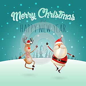 Merry Christmas and Happy New Year - Happy expresion of Santa Claus and Reindeer - they jumping straight up and bring their heels photo