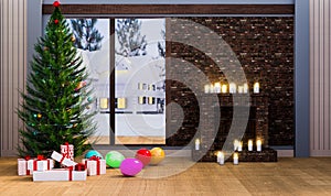 Merry christmas and happy new year festival, christmas tree and cristmas presents decoration in home at glass window in snowy day