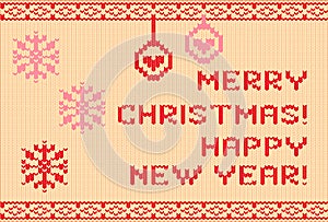Merry Christmas And Happy New Year In Festive Red And Beige Knit, Cozy Text Warmly Adorns The Fabric