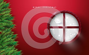 Merry Christmas and Happy new year. fir branches tree and winter landscape in circle window on red background