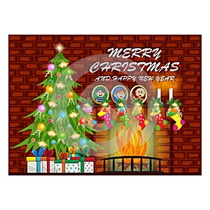 Merry Christmas And Happy New Year With Fireplace and Christmas Tree, Red Brick wall