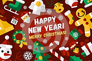 Merry Christmas and Happy New Year flat design card illistration