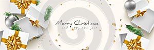 Merry Christmas and happy new year flat lay gift boxes luxury banner layout template with copy space