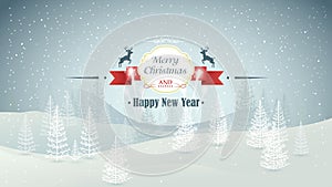 Merry Christmas and Happy New Year forest winter landscape with snowfall and fireworks vector