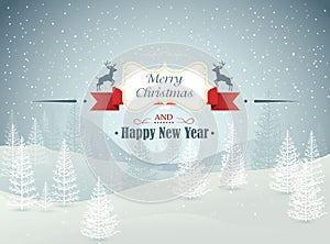 Merry Christmas and Happy New Year forest winter landscape with snowfall vector