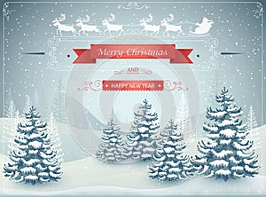 Merry Christmas and Happy New Year forest winter landscape with snowfall vector