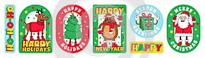 Merry Christmas and Happy New year funny cartoon characters. Sticker pack, posters in trendy weird retro cartoon style.