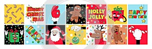 Merry Christmas and Happy New year funny cartoon characters. Sticker pack, posters in trendy weird retro cartoon style.