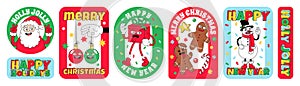 Merry Christmas and Happy New year funny cartoon characters. Sticker pack, posters in trendy weird retro cartoon style.