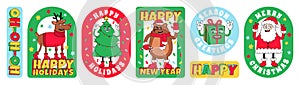 Merry Christmas and Happy New year funny cartoon characters. Sticker pack, posters in trendy weird retro cartoon style.
