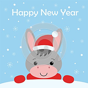 Merry Christmas and Happy New year Funny donkey in red hat cartoon style. Greeting card