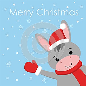 Merry Christmas and Happy New year Funny donkey in red hat cartoon style. Greeting card.
