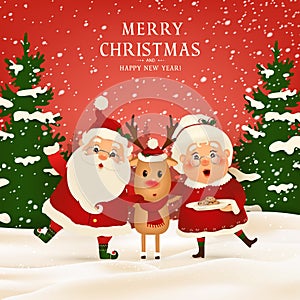 Merry Christmas. Happy new year. Funny Santa Claus with cute Mrs. Claus, red-nosed Reindeer in Christmas snow scene
