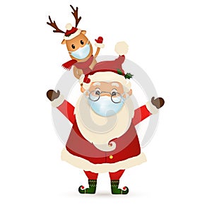 Merry Christmas. Happy new year. Funny Santa Claus with cute red-nosed Reindeer with medical mask isolated. Vector