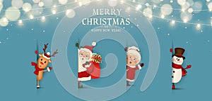 Merry Christmas. Happy new year. Funny Santa Claus with Mrs. Claus, red-nosed Reindeer, snowman in blue background with christmas