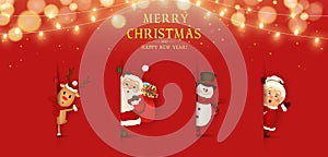 Merry Christmas. Happy new year. Funny Santa Claus with Mrs. Claus, red-nosed Reindeer, snowman in red background with christmas