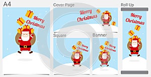 Merry Christmas and Happy New Year Funny Santa Claus and Ribbon Gift Cartoon for Website Banner, Poster, Social Network Design